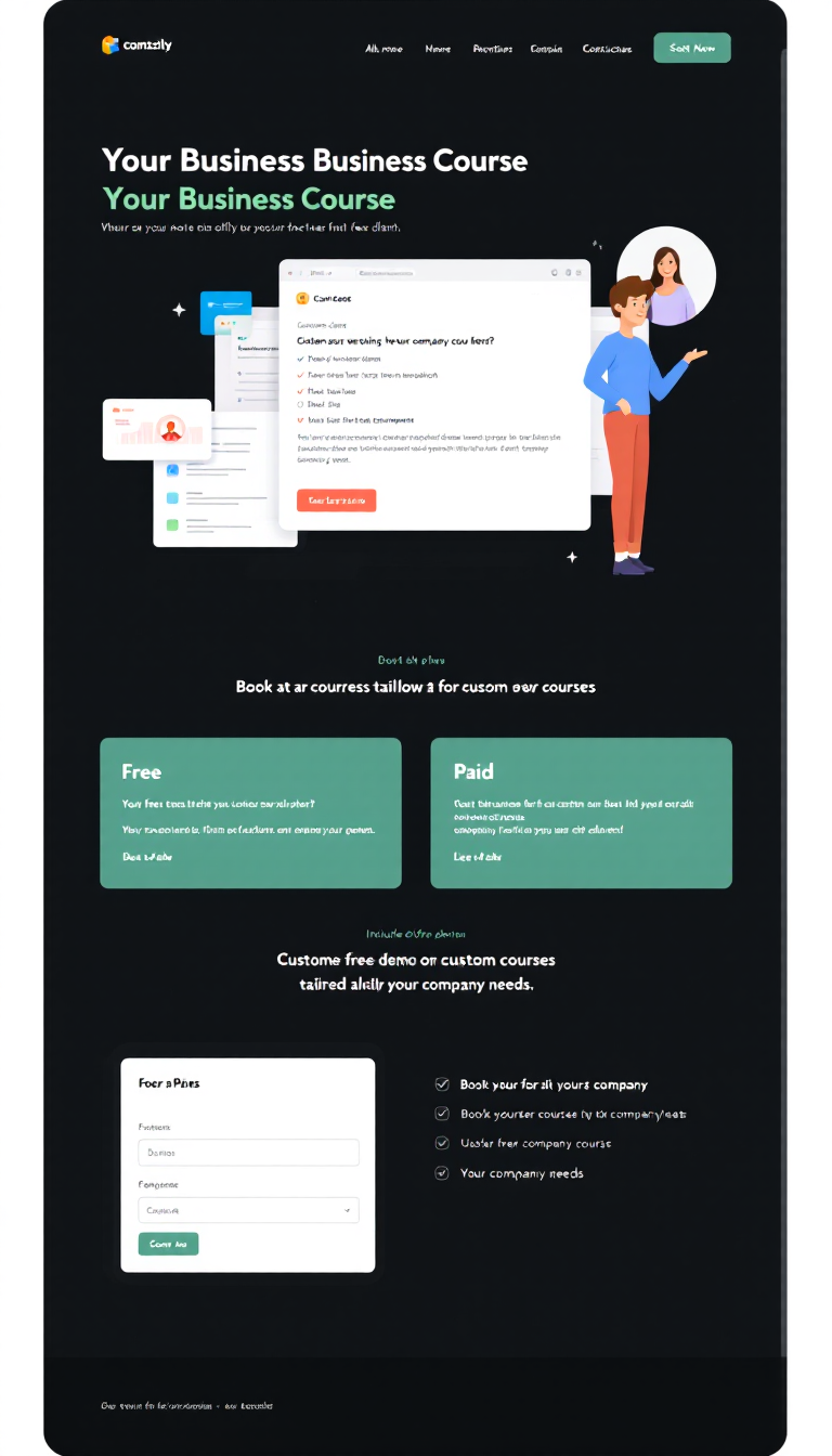 Create a simple one-page website for a business course provider offering both free and paid plans. Include options for customers to book a free demo for custom courses tailored to their company needs.