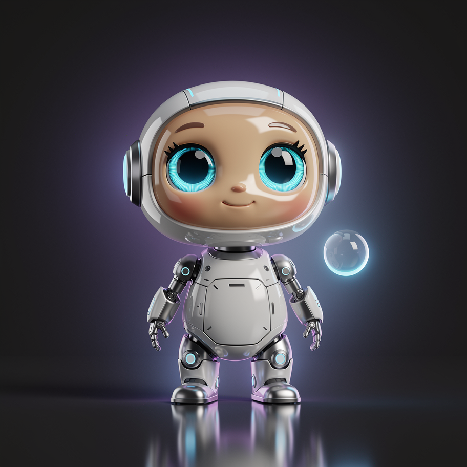 Cute futuristic AI robot mascot character, small rounded glossy body, big expressive glowing blue eyes, floating orb companion, soft violet and blue gradient glow, friendly intelligent expression, centered on a plain dark background, 3D render, studio lighting, product mascot style