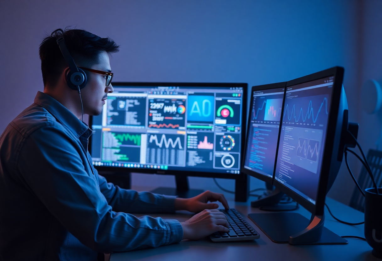 tech professional working on computer with modern interface designs and communication tools