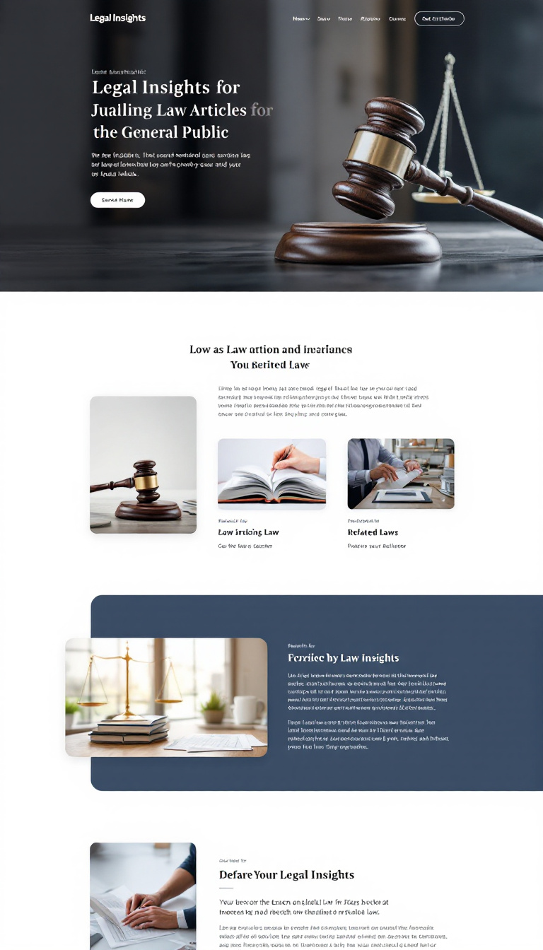 Design a one-page website for Legal Insights, showcasing law articles for the general public. It should have a clean, modern layout with neutral colors, featuring search functionality and references to related laws to enhance user navigation.