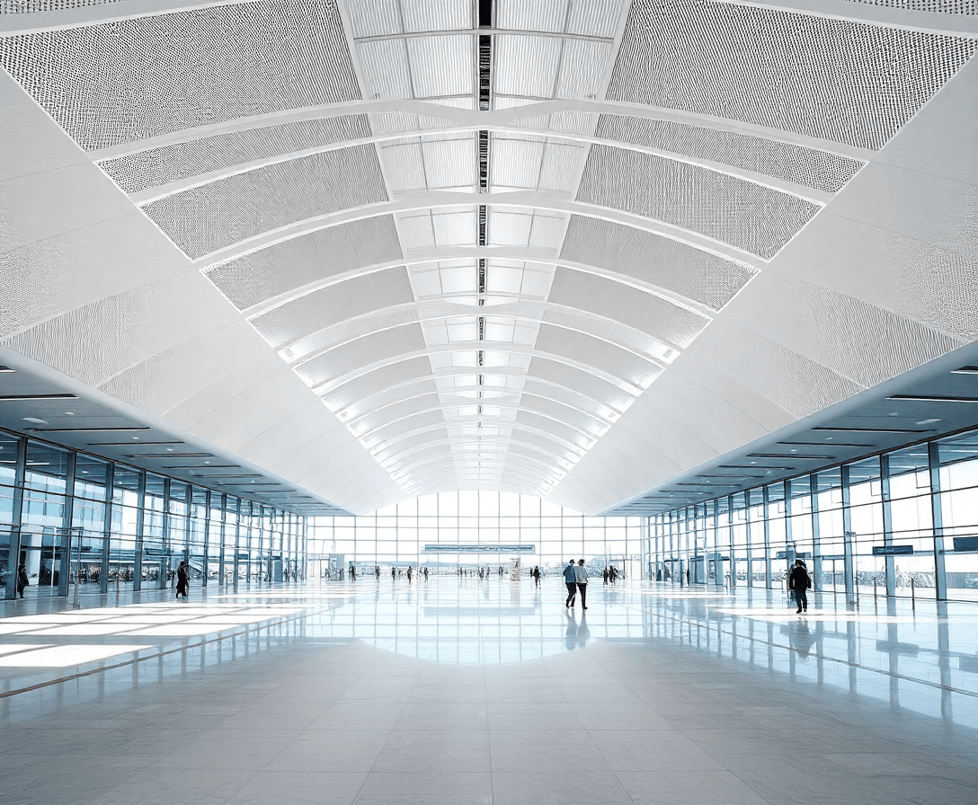 aeropuerto con techos curvos y grandes espacios abiertos, mostrando arquitectura funcional en la galería minimalista