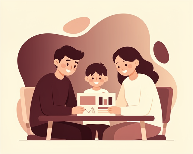 Warm flat vector illustration: Illustration of a family reviewing a comparative market pricing report. Simple friendly shapes, cohesive warm palette of maroon and cream tones, no text or labels.