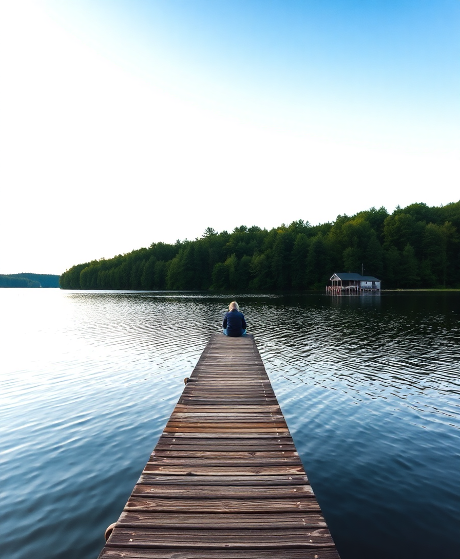 serene lake with a wooden pier and a person sitting at the end, capturing a moment of tranquility shared on photoshare