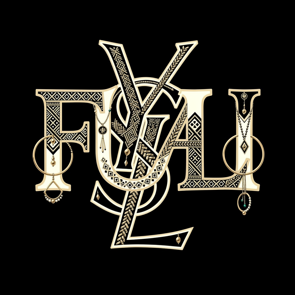Create an iconic luxury monogram for “FULANI”, with the visual impact of YSL: large custom letters F, U and L intricately interwoven, overlapping and crossing to form one powerful, instantly recognizable emblem. Make the letter construction elegant, complex and architectural, with hidden letterforms. Integrate subtle authentic Fulani heritage through geometric textile patterns, braids, traditional jewelry and the Fulani conical hat, transformed into the monogram itself. Original, monumental, haute couture, timeless, black and ivory with antique gold.