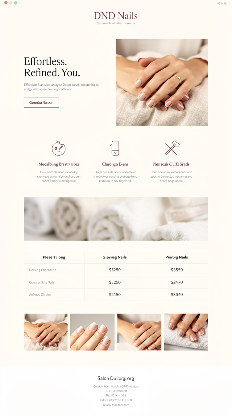 Clean minimalist high-end nail spa homepage for "DND Nails". Soft off-white background, muted mauve-wine accent color used sparingly, generous whitespace, centered hero with a small elegant serif logo, understated headline "Effortless. Refined. You.", subtle outlined CTA button, and a large single hero photograph of manicured hands resting on linen fabric. Below: a calm 3-column icon-based services section with thin lines, a full-width quiet image break, a simple pricing table with soft dividers, minimal grid gallery with generous gutters, and a spare footer with address, phone, and hours in light gray text on white. Scandinavian-spa aesthetic, airy, understated luxury, lots of breathing room, restrained single accent color.