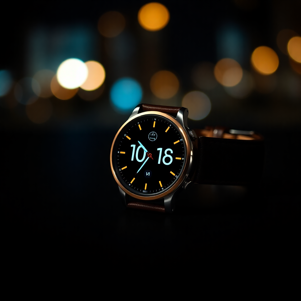prontach smart watch with brown leather strap displaying time in night mode
