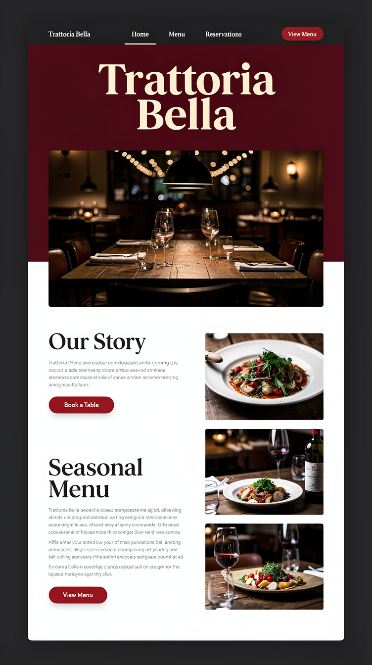 Modern Italian restaurant homepage "Trattoria Bella". Dark dramatic hero with deep cherry red (#dc2626) and charcoal, bold serif logo centered, moody lit dining room photo. Asymmetric sections, large typography, luxe minimal feel with red accent buttons.