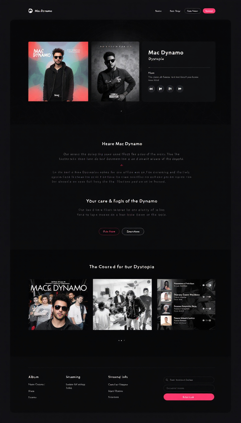 Design a one-page website for Mac Dynamo's new album "Dystopia." The layout should be simple and clean, showcasing album artwork, release information, and streaming links.
