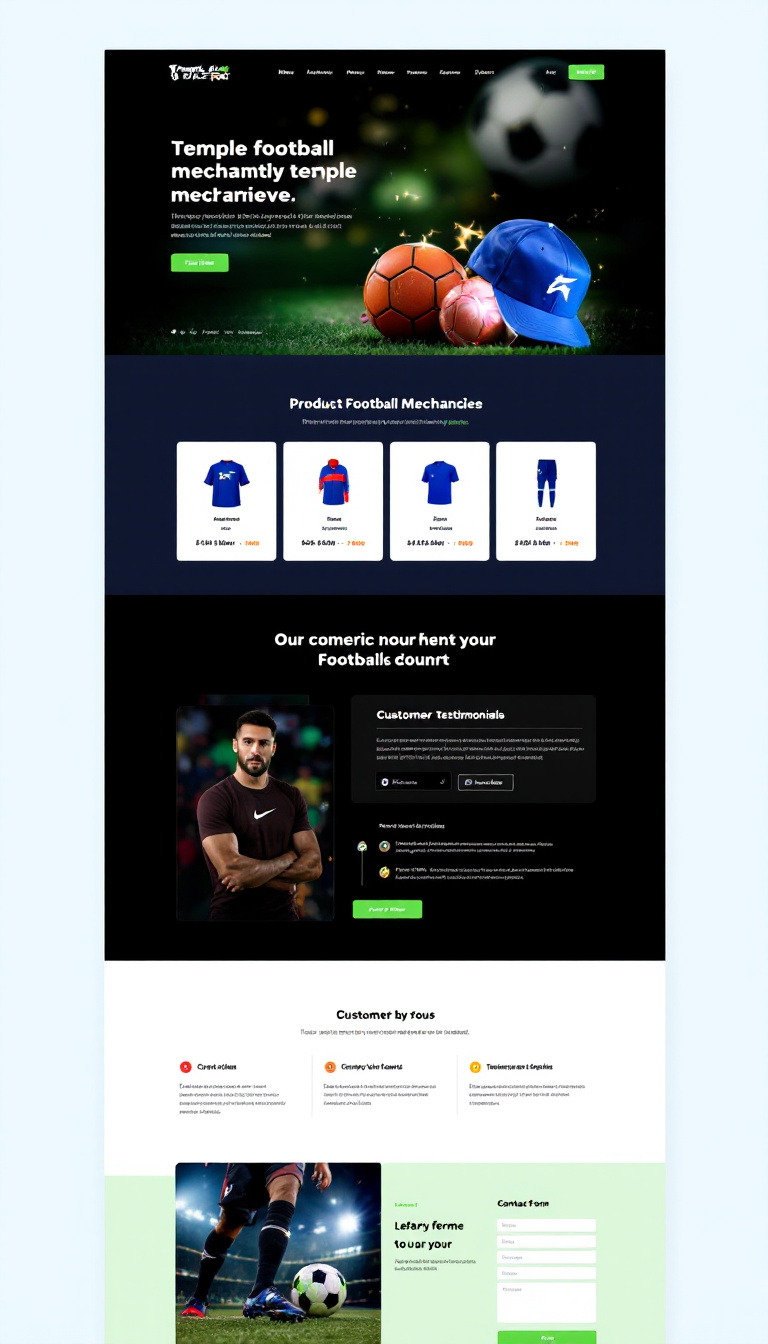 Design a simple and clean one-page e-commerce website for "Temple du Foot." It should feature an engaging layout showcasing football merchandise, with sections for product highlights, customer testimonials, and a contact form.