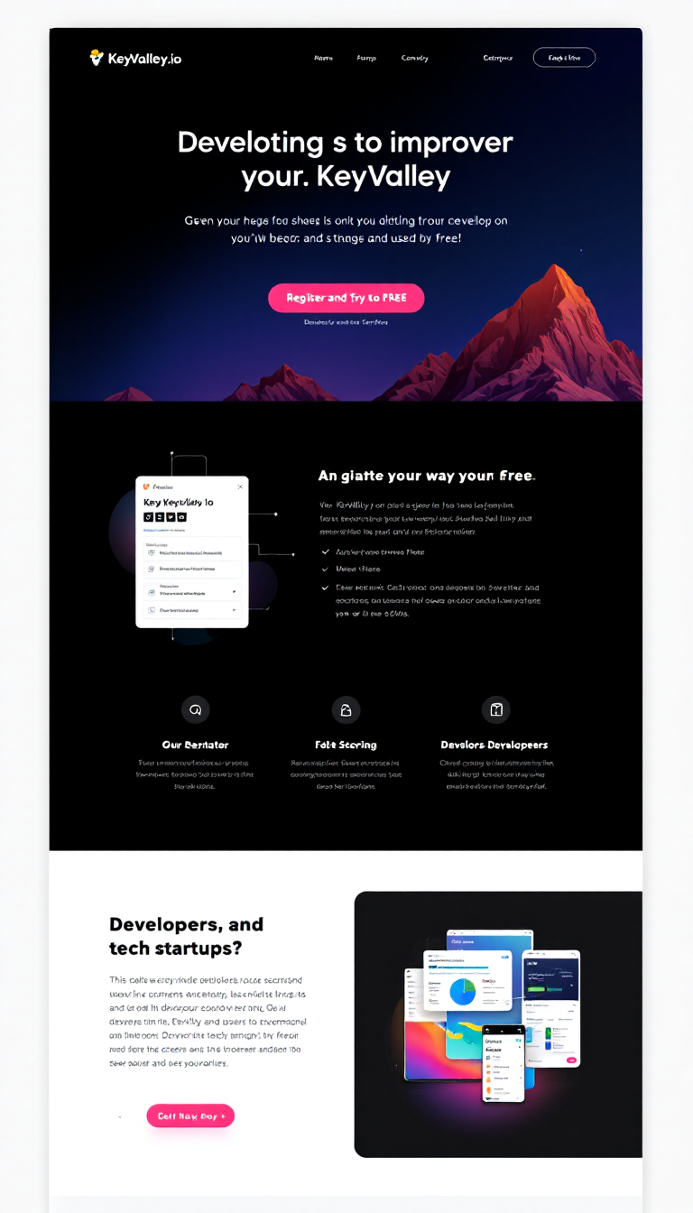 Create a modern, minimalistic one-page landing website for KeyValley.io, featuring smooth scrolling and animations. The design should explain KeyValley's purpose, showcase its use cases and benefits, and include a prominent 'Register and Try for Free' call-to-action, targeting developers and tech startups.