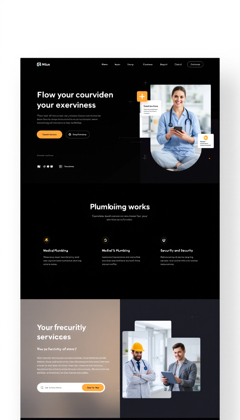 Create a clean, one-page website that serves as a hub for various services, including medical, plumbing, and security. The design should effectively connect clients with service providers, featuring a simple layout and clear navigation.