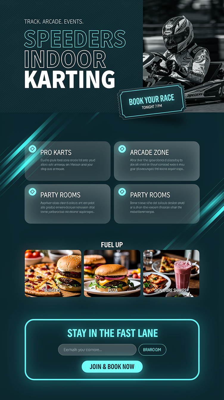 Full-page website mockup for "Speeders" indoor karting + arcade venue: bold editorial magazine grid on a deep midnight teal canvas with cyan neon glow and icy white type. Hero is an asymmetric split — oversized stacked outlined-and-solid uppercase headline on the left over a subtle carbon-fiber texture, tall portrait photo of a helmeted kart racer on the right bleeding off the edge, ticket-style CTA card floating over the seam. Following sections use a bento-style card grid of experiences with rounded 24px corners, glass-morphism panels, small cyan icon chips, and diagonal speed-streak dividers between sections. Ends with a wide food & drinks band and a big neon-outlined newsletter/booking CTA. Typography: heavy geometric display headings, monospace eyebrow labels, clean sans body.