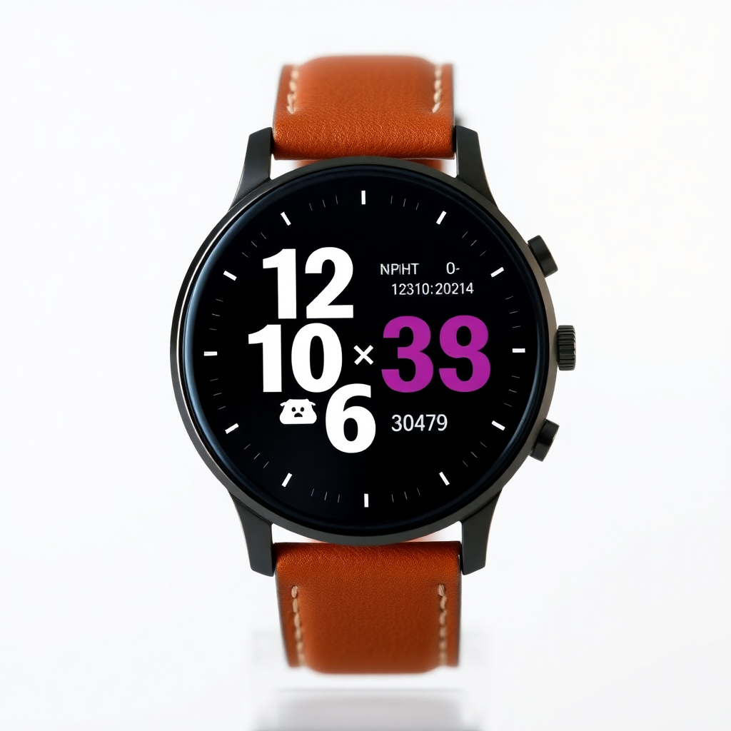 sleek black smartwatch with brown leather strap displaying time and fitness data