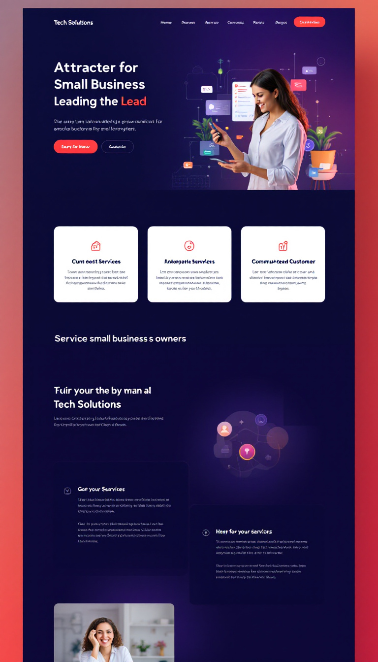 Create a clean and modern one-page website for 'Tech Solutions', a small business aimed at attracting customers and generating leads. The site should feature a list of services tailored for small business owners.