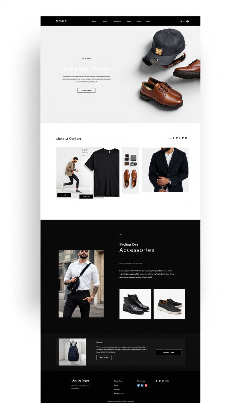 Create a simple one-page website for a small business selling men's clothing, footwear, and accessories, showcasing products and brand identity in a clean and attractive layout.