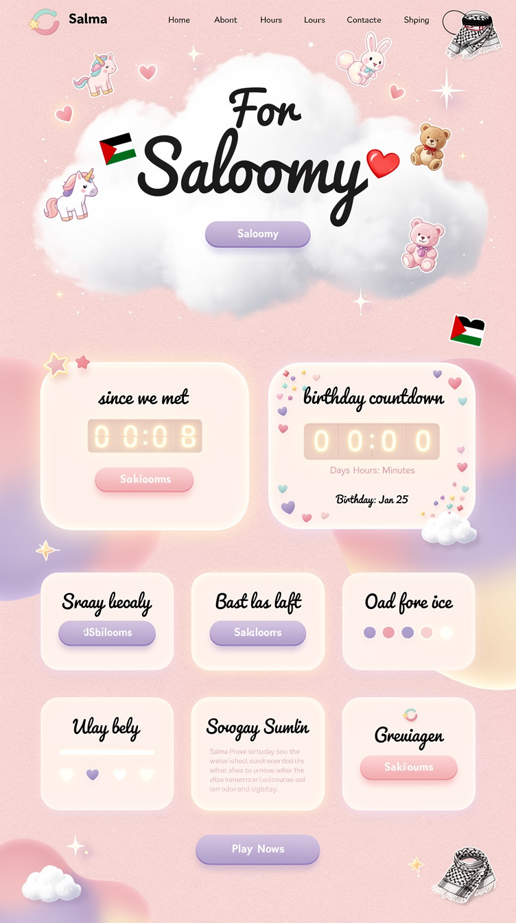 A dreamy, cute, romantic personal website homepage for a girl named Salma nicknamed "Saloomy", Palestinian, birthday Jan 25. Soft pastel pink background with white cloud-like sections and delicate lavender-purple accents. Hero section with a big whimsical script headline "For Saloomy 🎀", floating hearts, sparkles, and small unicorn, bunny, teddy bear doodle illustrations scattered around. Below hero: a live counter card "since we met" with glowing numbers, a birthday countdown card with confetti hearts, soft rounded cards with subtle glow shadows, dreamy gradient blobs in background, handwritten-style display font mixed with clean rounded body font. Overall mood: soft, girly, magical, personal scrapbook aesthetic, not corporate at all.