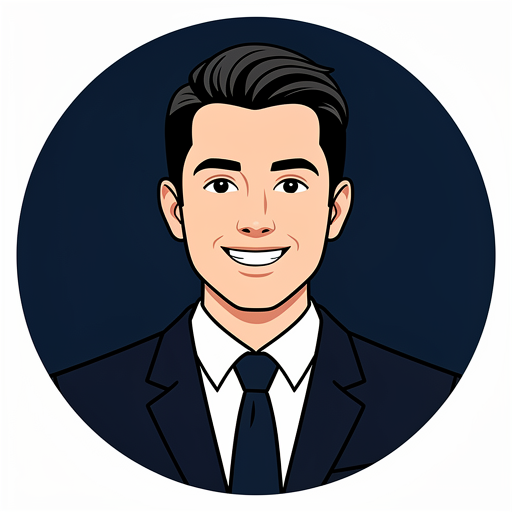 Square favicon-style circular avatar portrait of a friendly smiling businessman with short dark hair, wearing a dark navy suit, crisp white shirt and dark tie. Head and shoulders tightly cropped and centered, filling the frame, high contrast, clean simple flat background in deep navy, bold simplified shapes so it stays readable when scaled down very small. No text.