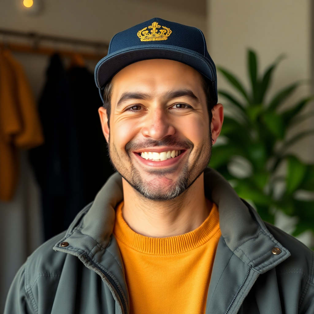 portrait of a satisfied customer smiling, showcasing their positive experience with grand royal used clothing