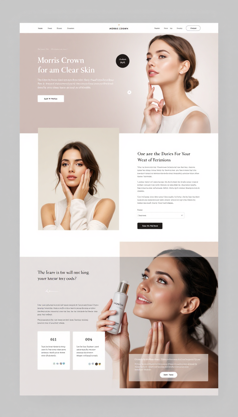 Design a one-page website for a clear skin business called "Morris Crown," showcasing products and testimonials with a clean and modern aesthetic.