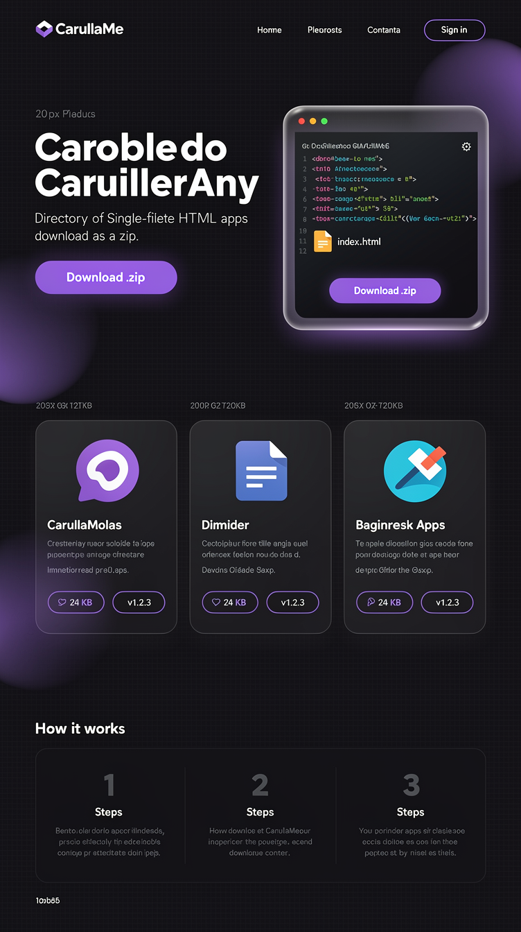 Full-page homepage mockup for "CarullaMe", a directory of single-file HTML apps you download as a zip. Dark, developer-luxe direction: near-black violet (#120a24) canvas, electric purple (#7c3aed) accent glows, subtle grid texture, soft gradient orbs. Huge confident display headline in a geometric sans, monospace micro-labels, and a hero with a stylized code/terminal card showing an HTML file and a big purple "Download .zip" button. Below: a 3-column card grid of apps with file-size and version chips, a 3-step "how it works" strip, and a minimal footer. Generous whitespace, rounded 20px cards, glassy borders.