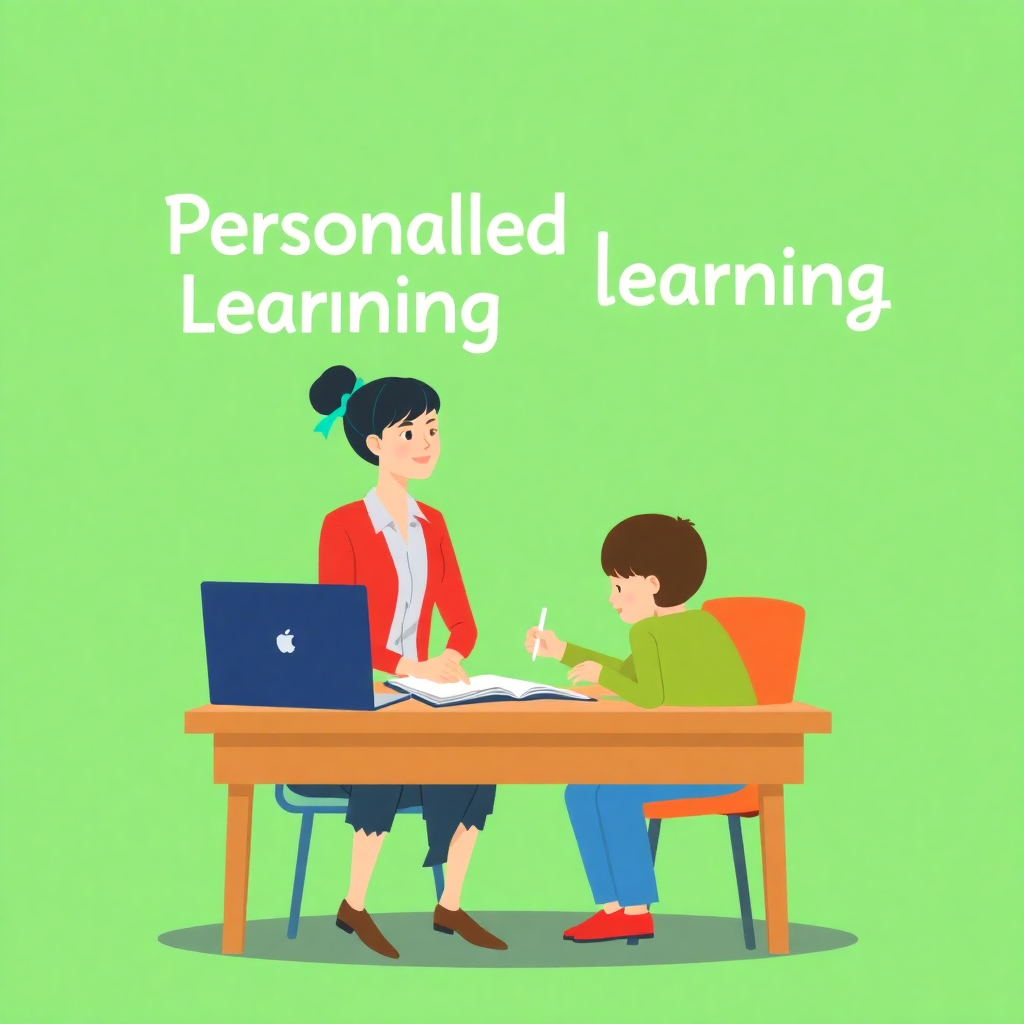 illustration of a teacher and student at a desk, representing personalized learning