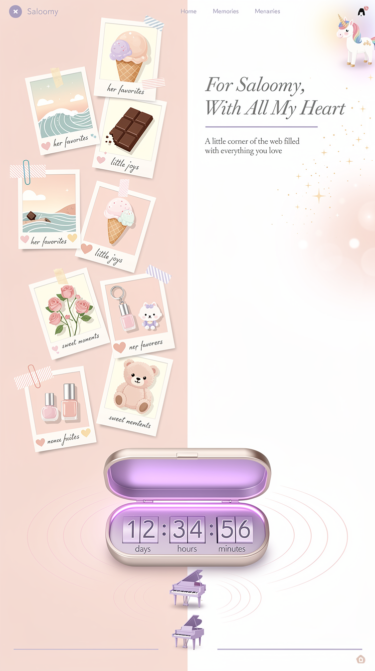 A romantic pastel website design, split-layout storytelling style, for a personal tribute page to "Saloomy" (Salma). Left side soft blush pink with polaroid-style photo frames of things she loves: seaside waves, chocolate, ice cream, roses, nail polish bottles, keychains, teddy bears, drawn in cute flat illustration style. Right side pure white with elegant serif-script headline and lavender underline accents, floating sparkle particles, gentle glow around a hidden unicorn icon tucked in a corner. Includes a countdown timer styled like a jewelry box with soft purple glow, and a small piano icon play button with heart-shaped sound waves. Whimsical, intimate, scrapbook-diary feeling, generous whitespace.