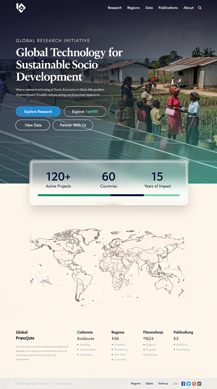 Full-page website mockup for a global research initiative "Global Technology for Sustainable Socio-Economic Development". Institutional-authoritative direction like the World Bank or UN: full-bleed hero photograph of solar panels and a diverse rural community with a deep navy-to-teal gradient overlay, large confident serif display headline over it, thin uppercase letterspaced eyebrow label, and a row of pill CTA buttons. Below: a floating glassmorphism stat bar overlapping the hero, then an interactive world map section on off-white with green data dots and a right-hand legend panel, alternating split image/text research highlights, an SDG icon grid in emerald tiles, and a deep navy footer with fine rules. Palette: deep navy #0b2b4f, ocean blue #1e6fd9, emerald #10b981, off-white #f6f8fb. Generous whitespace, soft shadows, 12px radii, editorial and trustworthy.