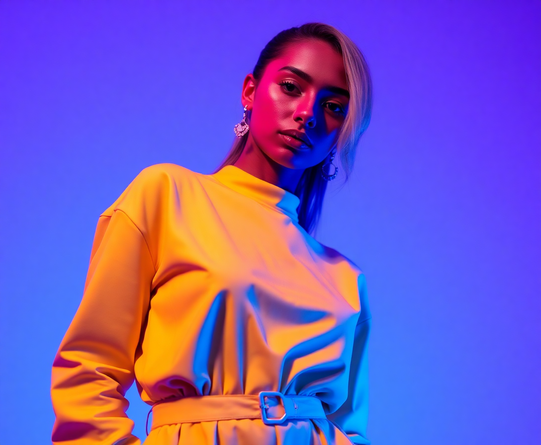 model in yellow outfit with neon blue lighting, showcasing vibrant contrast