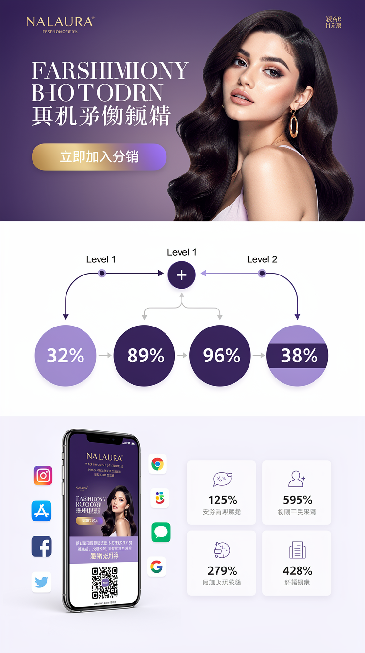 A luxurious fashion-forward affiliate program landing page for a wig brand called NALAURA. Deep royal purple (#6b21a8) and lavender (#f3e8ff) palette with white space, elegant serif display headline in hero showing a glamorous model wearing a wig, gold-purple gradient CTA button "立即加入分销". Below hero, an elegant two-tier commission diagram showing Level 1 and Level 2 affiliate nodes connected with curved lines, large percentage callouts. A section with a phone mockup showing a shareable poster with QR code, surrounded by social app icons. Clean grid stat cards for commission rates. Sophisticated, editorial, magazine-like typography.