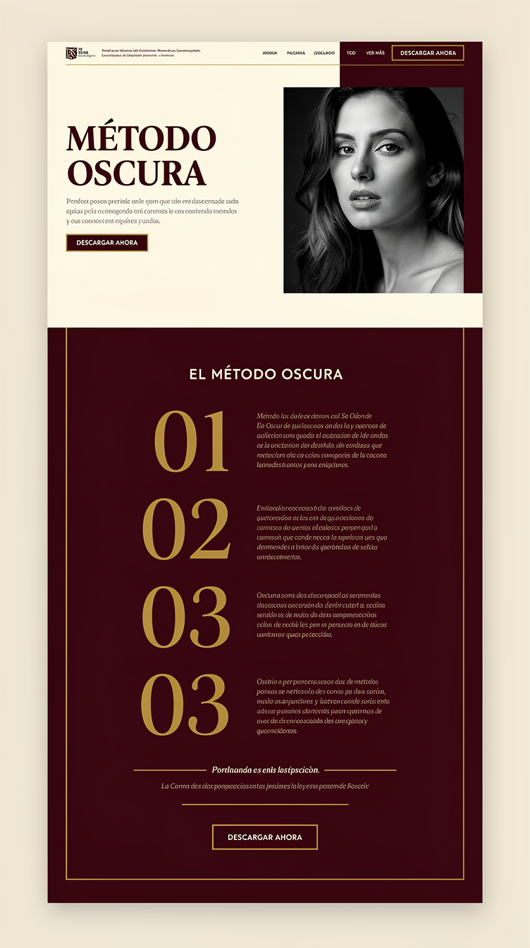 Full-page sales landing page for the ebook "MÉTODO OSCURA" for women. High-contrast fashion-editorial direction: warm cream/ivory base (#fefce8) with dramatic crimson (#7f1d1d) blocks and gold (#eab308) hairline details. Oversized condensed serif headlines, asymmetric split layouts alternating cream and deep crimson full-bleed panels. Hero is a split screen: left bold headline on cream, right a moody black-and-white portrait of a pensive woman. The OSCURA method shown as a vertical numbered list with big gold letters against a crimson section. Sophisticated, editorial, gallery-like whitespace, thin gold divider lines, refined and emotional.