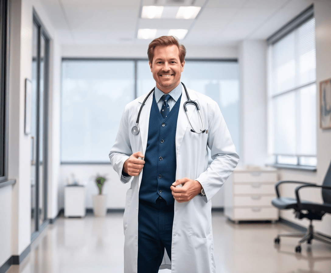 dr. timothy standing confidently in a white coat with a stethoscope in a modern medical office