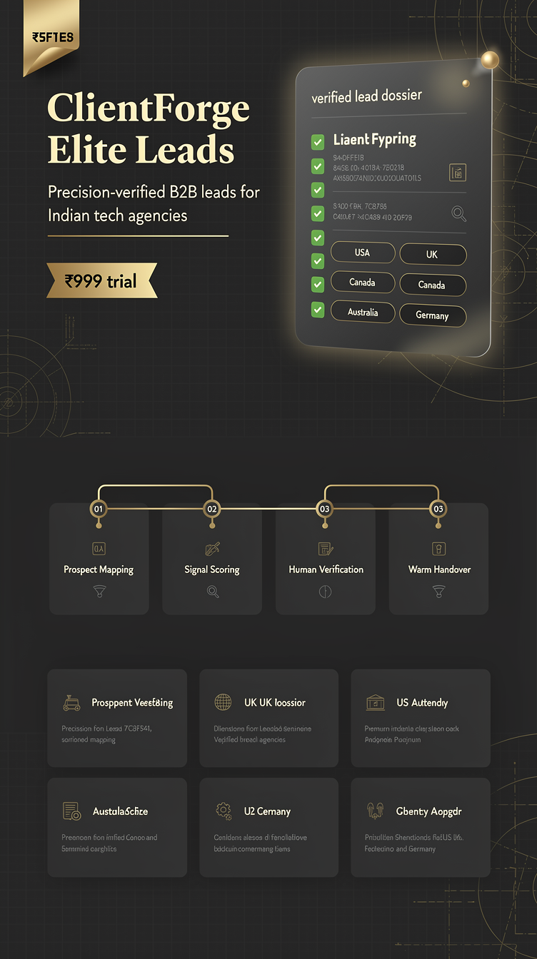 Full-page website mockup for "ClientForge Elite Leads", premium B2B lead-gen for Indian tech agencies serving US/UK/Canada/Australia/Germany clients. Direction B — Data Dossier: dark charcoal #0F1419 base with a faint gold grid/blueprint texture, split-screen hero (left: Playfair Display headline in cream with gold underline and ₹999 trial ribbon; right: a floating glassmorphic "verified lead dossier" card with checkmarks, country flags-as-text chips and a gold pulse dot), followed by a wide horizontal 4-step methodology rail with connecting gold line, monospaced micro-labels, country market cards as a 5-across strip, and pricing as three stacked dark panels with the middle-left trial panel glowing gold. Technical, dossier-like, high contrast, generous negative space.