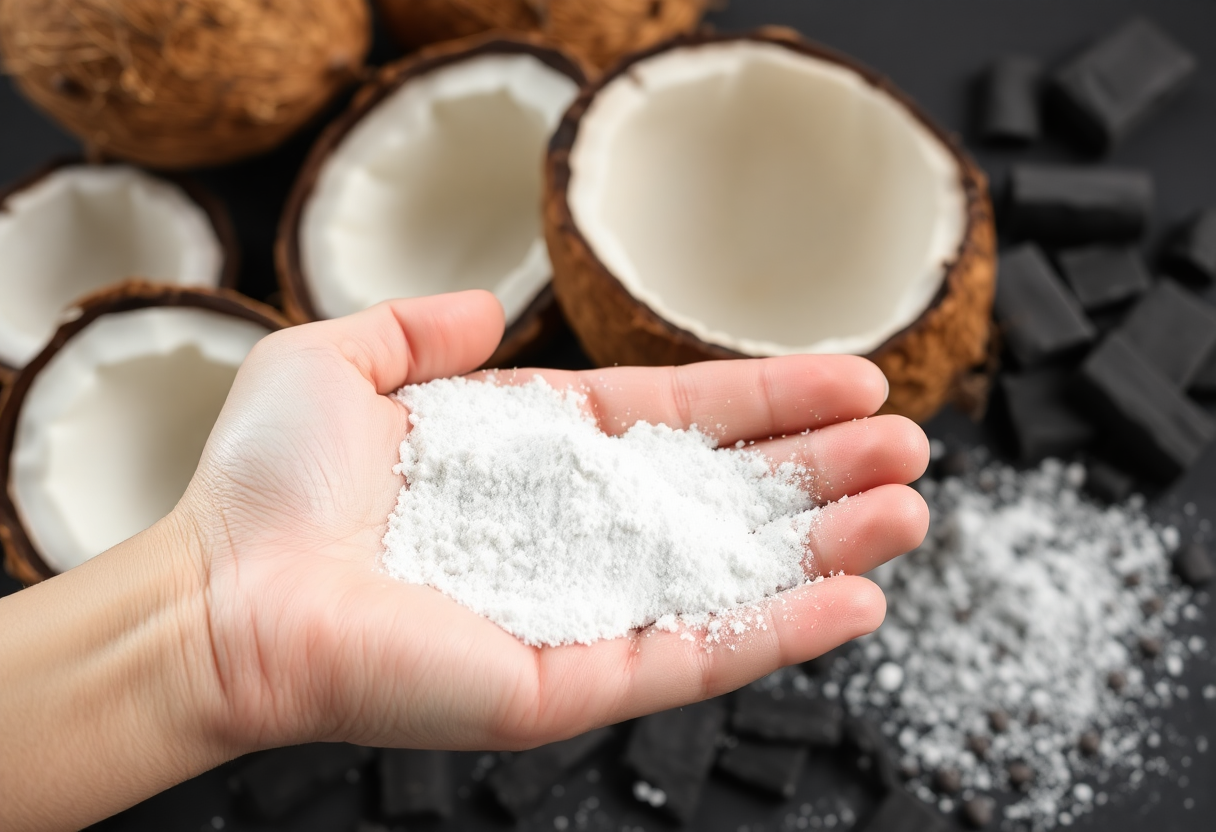 hand holding a handful of white powder against a background of coconut shells and charcoal, illustrating the whitening agent for coconut charcoal industry