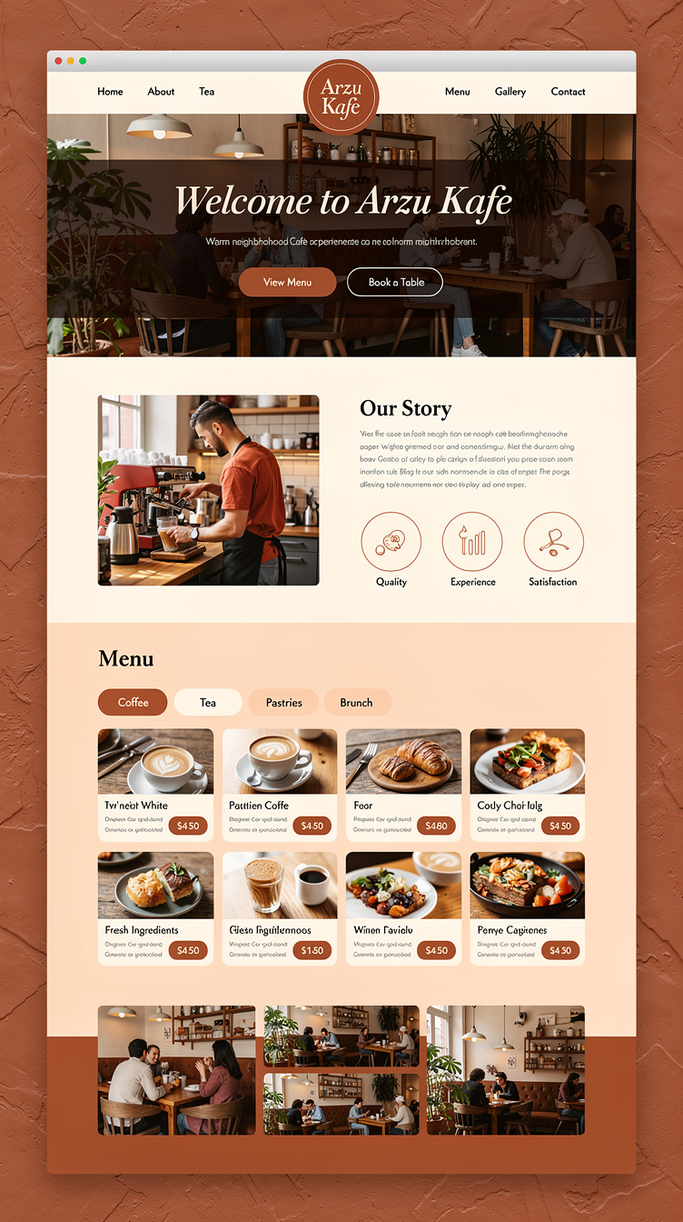 Full-page website homepage mockup for "Arzu Kafe", warm rustic-modern cafe. Rich terracotta palette (#7c2d12 deep brown-red, #ea580c orange, #fed7aa peach cream) with textured warm tones. Bold hero with dark overlay on cafe photo, big centered serif headline and dual rounded buttons. Sticky centered logo nav. About section image left text right with 4 circular icons for quality, experience, satisfaction, fresh ingredients. Menu as warm cards with images and price tags grouped by category tabs. Cozy masonry gallery, contact info panel over map, terracotta feedback form footer. Homey, tactile, premium, inviting.