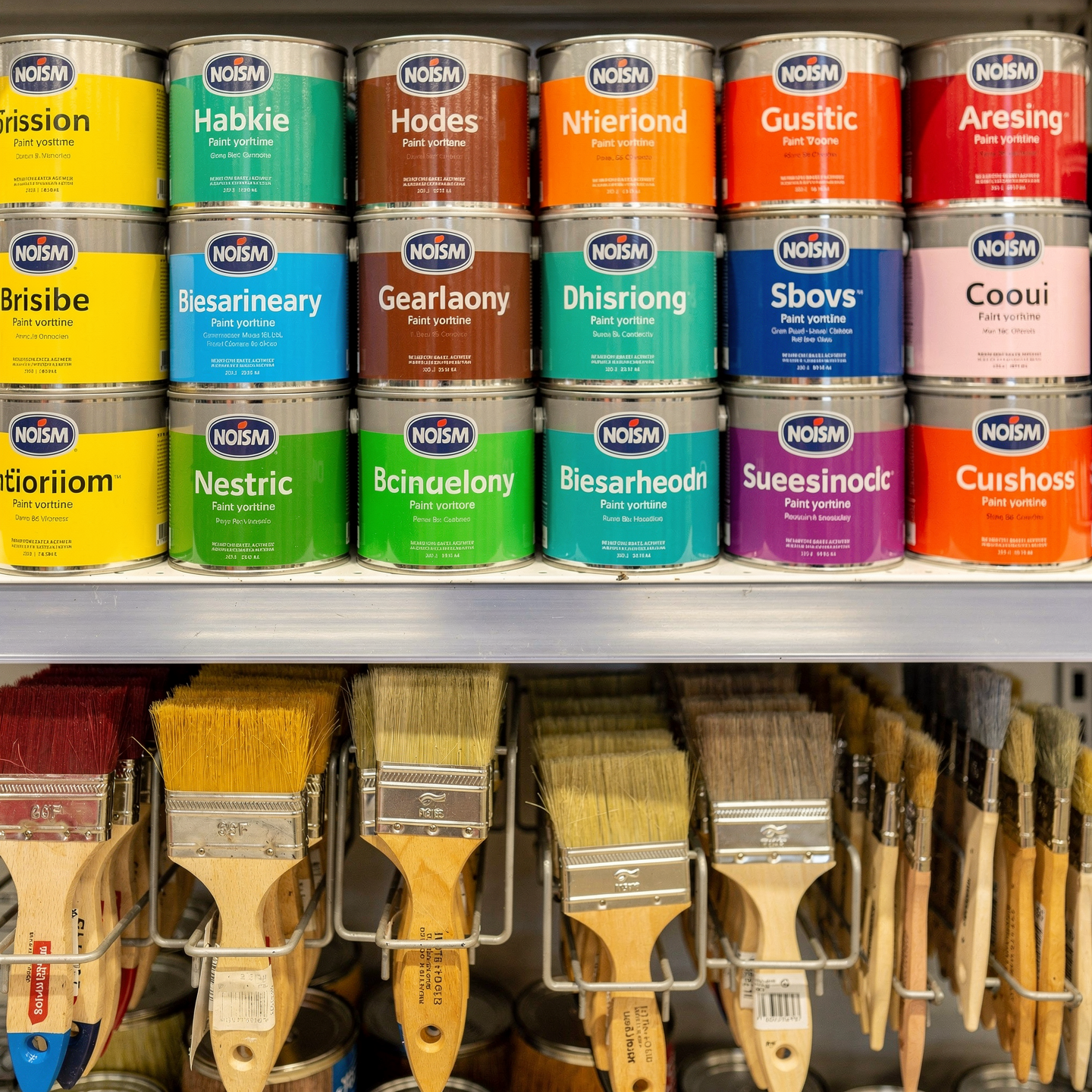 Paint brushes and cans of colorful paint arranged neatly on a shelf, hardware store paint section, realistic product photography, high detail
