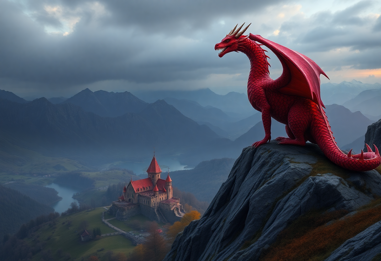 a majestic red dragon perched on a mountain peak, overlooking a medieval kingdom