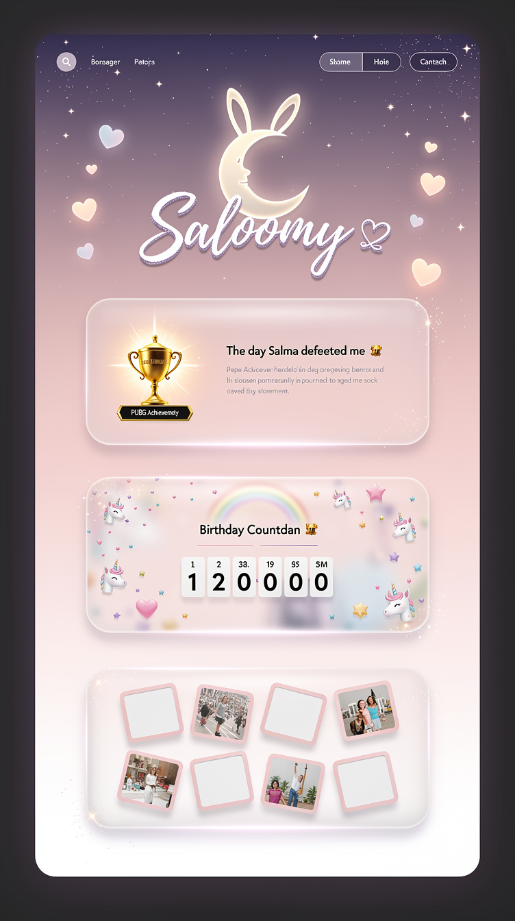 A magical, girly single-page website concept mixing soft pink, white, and deep lavender-violet, with a night-sky dreamy hero: twinkling sparkles, floating glowing hearts drifting upward, a crescent moon with bunny ears silhouette, and a large flowing calligraphy title "Saloomy 🎀" with a subtle glow effect. Sections below shown as glassmorphism frosted cards floating over a soft gradient (pink to lavender) background: a PUBG achievement badge card "The day Salma defeated me 🏆" with trophy glow, a birthday countdown card with unicorn confetti, and a photo-memory grid card with rounded corners and soft pink borders. Ultra-modern dreamy aesthetic with fine glowing outlines, generous spacing, premium boutique feel.
