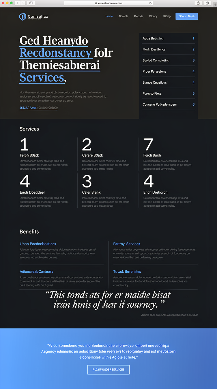 Structured, editorial dark homepage for an AI consultancy: charcoal-black background with navy panels and a crisp cobalt blue accent, strong typographic hierarchy mixing a serif display font for headlines with a clean sans body. Split hero — massive left-aligned headline with underlined blue keyword, right column with numbered service index. Alternating full-width sections: services as a numbered list-style grid, benefits as minimal two-column rows with thin divider lines, wide founder quote in italic serif, monochrome blue CTA footer. Sophisticated agency-portfolio mood.