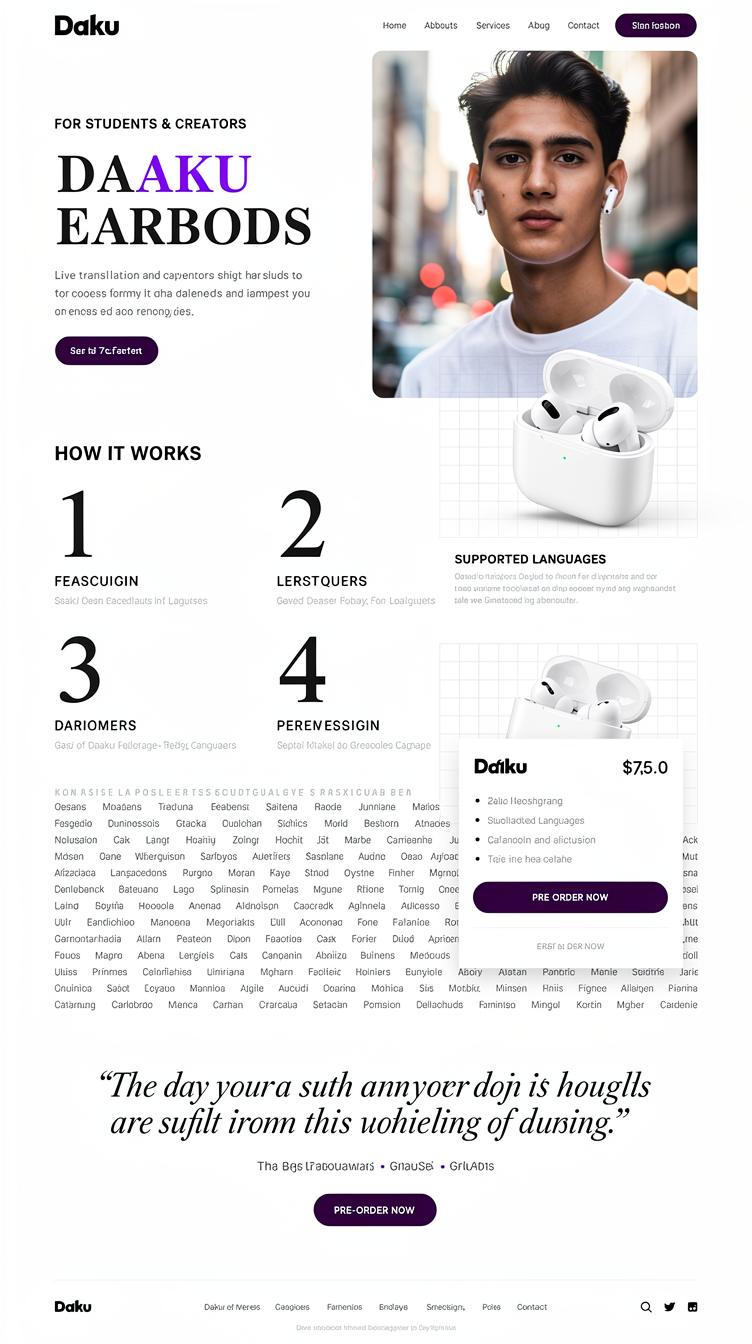 Full-page website mockup for "Daaku" live-translation earbuds for students and creators. Direction B: bright editorial minimalism — off-white #f5f3ff canvas, generous whitespace, oversized serif-meets-grotesk display headline in near-black with a single violet #7c3aed accent word, thin rules and small uppercase eyebrow labels. Hero is an asymmetric split: left column of type, right a full-bleed portrait photo of a young creator wearing earbuds in a city. Below: numbered how-it-works rows, a wide language grid in tiny type, an offset product close-up with caption, a pricing/pre-order card with deep violet button, quotes set in large italic type, quiet footer. Swiss grid rigor, magazine feel, premium.