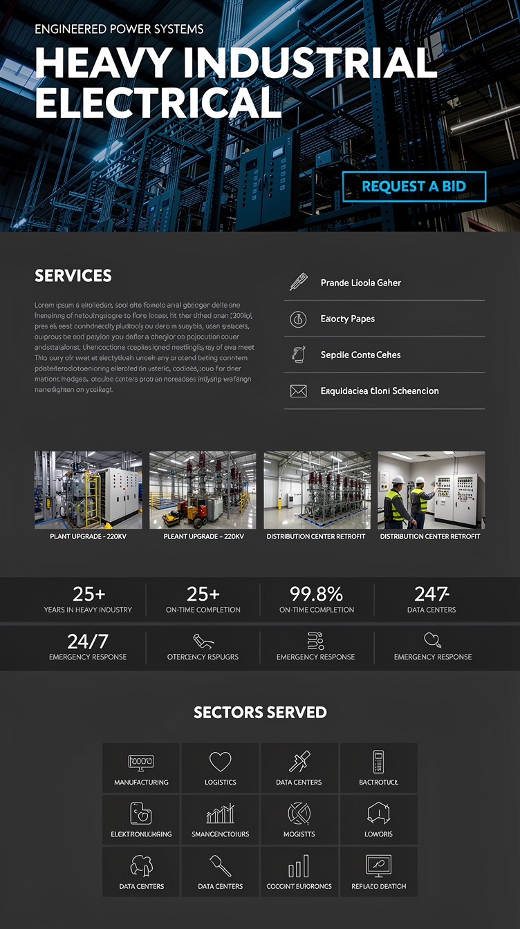 Full-page website mockup for a heavy-industrial electrical contractor. Dark charcoal-and-steel-blue palette with white space accents and a single bright electric-blue accent. Dramatic dark hero with a full-bleed nighttime warehouse electrical install photo, huge uppercase display type, thin uppercase eyebrow label, and an outlined-to-solid "Request a Bid" CTA. Below: two-column split services section, a horizontal scroll of project photos with monospace captions, a stat/credentials strip in dark bands, sectors served as a tight icon grid, and a bold contrast bid form on dark. Editorial, engineered, high-contrast, technical mood.