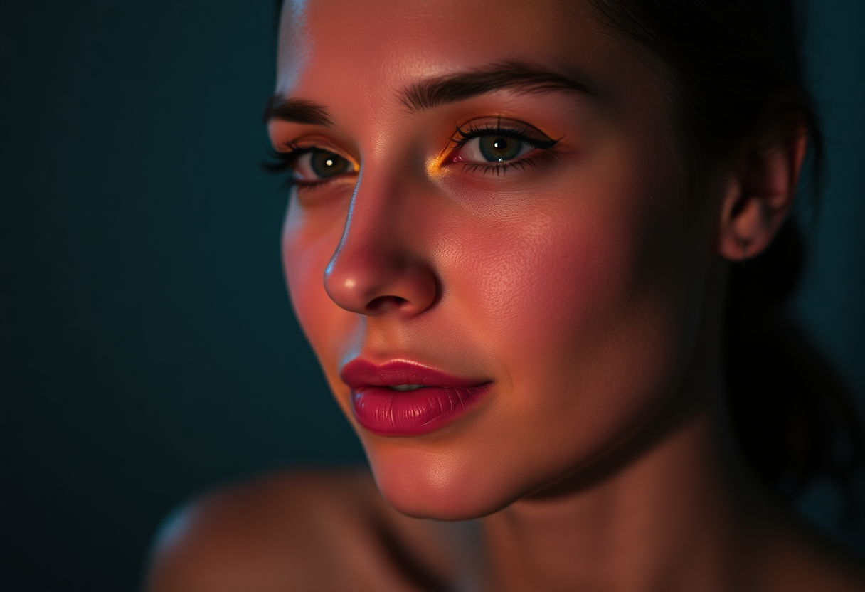 close-up of a woman with glowing skin in low light, showcasing the effects of darkglow skincare