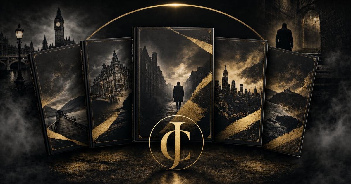 A dramatic, atmospheric book-promotion social share image for thriller author Jim Cowie. Dark noir background in deep charcoal and black with elegant gold accents. A moody collage suggestion of five suspense novels — shadowy book covers fanned out, cinematic lighting, fog and shadow. Luxurious, mysterious, premium publishing aesthetic. Gold and cream color palette against dark tones. No text.