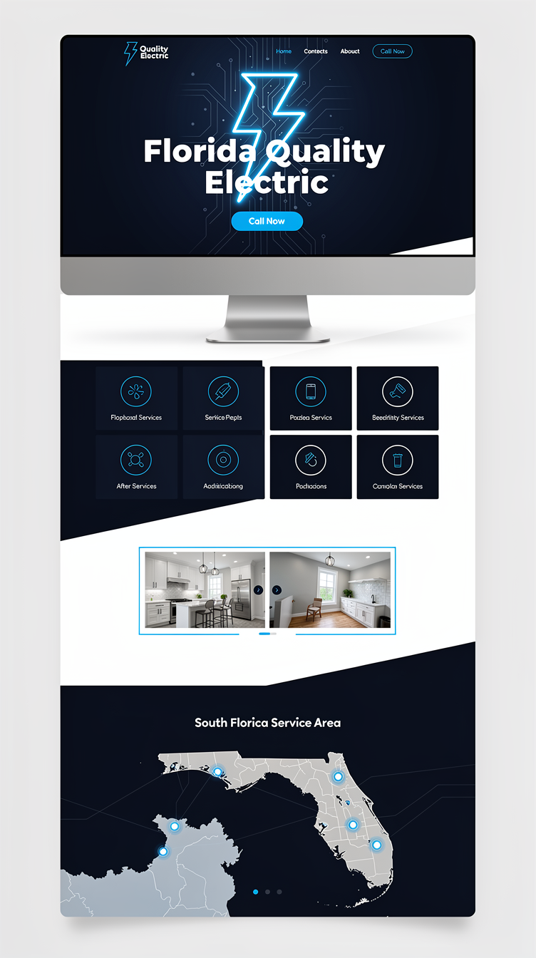 Bold, high-contrast electrical contractor website concept for "Florida Quality Electric" with a full-bleed deep navy hero featuring a large glowing electric-blue geometric bolt/circuit mark as the logo centerpiece, big confident white headline, and a bright blue rounded Call Now button. Below, alternating full-width navy and white bands, diagonal angled section dividers, service cards with icon badges in circles, a dramatic before/after slider-style gallery with thin blue frame lines, and a map-style South Florida service area section with glowing city dots. Strong architectural grid, premium industrial feel, minimal text clutter.