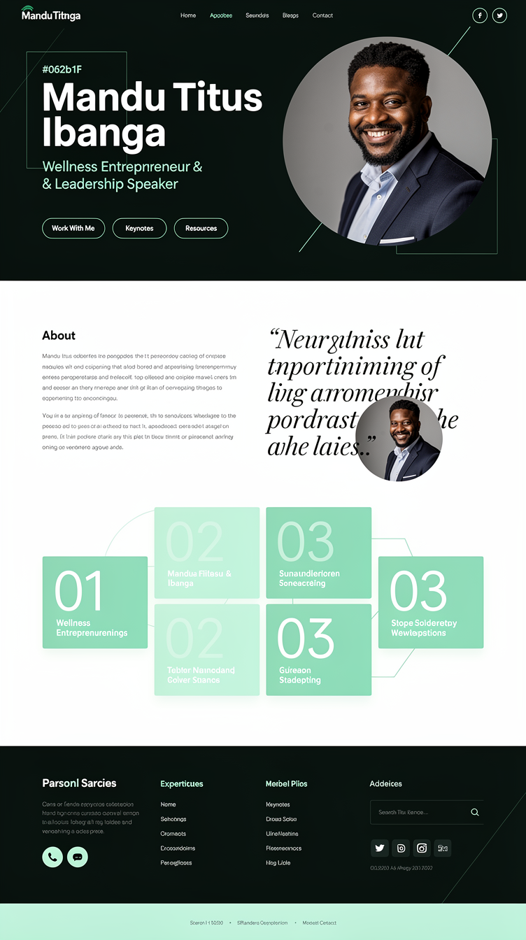 A bold, editorial-style personal portfolio homepage mockup for a wellness entrepreneur and leadership speaker, Mandu Titus Ibanga. Dark near-black-green (#062b1f) hero background with large offset bold sans-serif typography, a circular portrait photo of a smiling African man in professional attire on the right, thin emerald (#10b981) accent lines and geometric shapes, three outlined CTA buttons. Below, an asymmetric magazine-grid layout: About section with pull-quote in large italic serif type beside portrait, expertise shown as an interlocking grid of emerald cards with numbers, a bold full-width dark services band with light mint (#d1fae5) text, and a diagonal-cut timeline section. High contrast, confident, modern editorial mood with lots of negative space.
