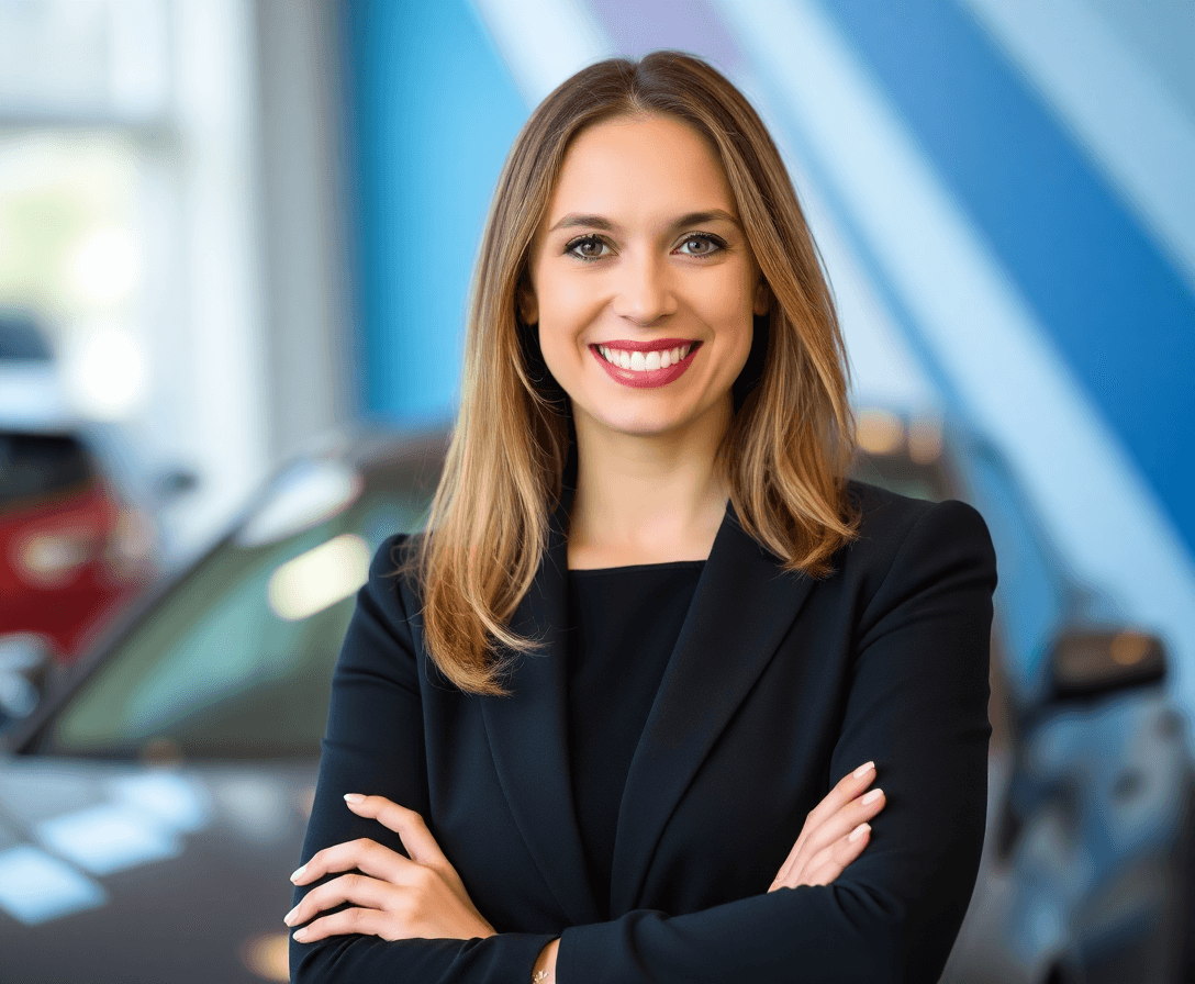 professional headshot of a female automotive executive smiling confidently