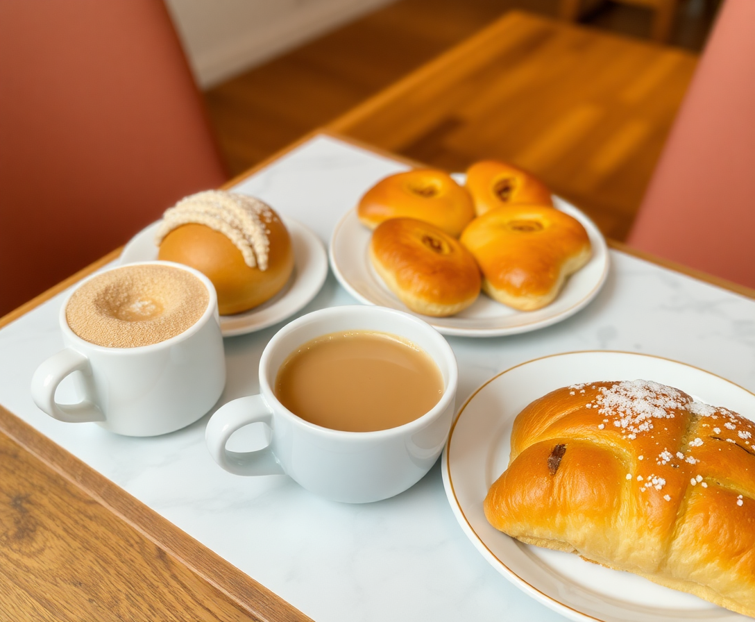 assorted fresh pastries and coffee on a breakfast table