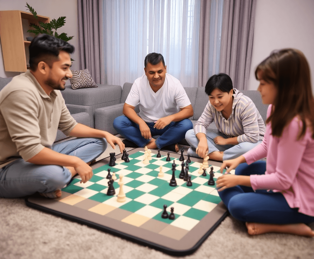 family enjoying the foldable flying chess mat in a living room setting