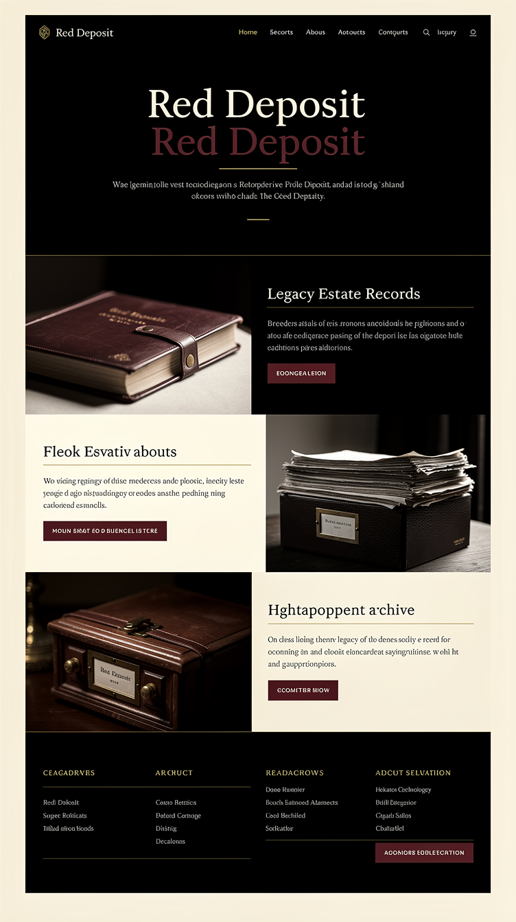 Quiet-luxury informative homepage for "Red Deposit", a legacy estate-record archive app by Hekaton Technologies. Palette: near-black #000000, warm ivory #fff6e6, deep wine red #63021e. Full-bleed hero with a slim serif display headline centered on black, thin gold-adjacent hairline rule, single deep red accent word, minimal navigation with a small wordmark logo top-left. Generous whitespace, editorial layout with alternating full-bleed dark sections and warm ivory sections, thin dividing lines, refined small-caps labels, elegant serif/sans pairing, subtle vignette photography of leather-bound ledgers and archival boxes. Overall mood: understated heritage private-bank aesthetic, not flashy, lots of negative space.