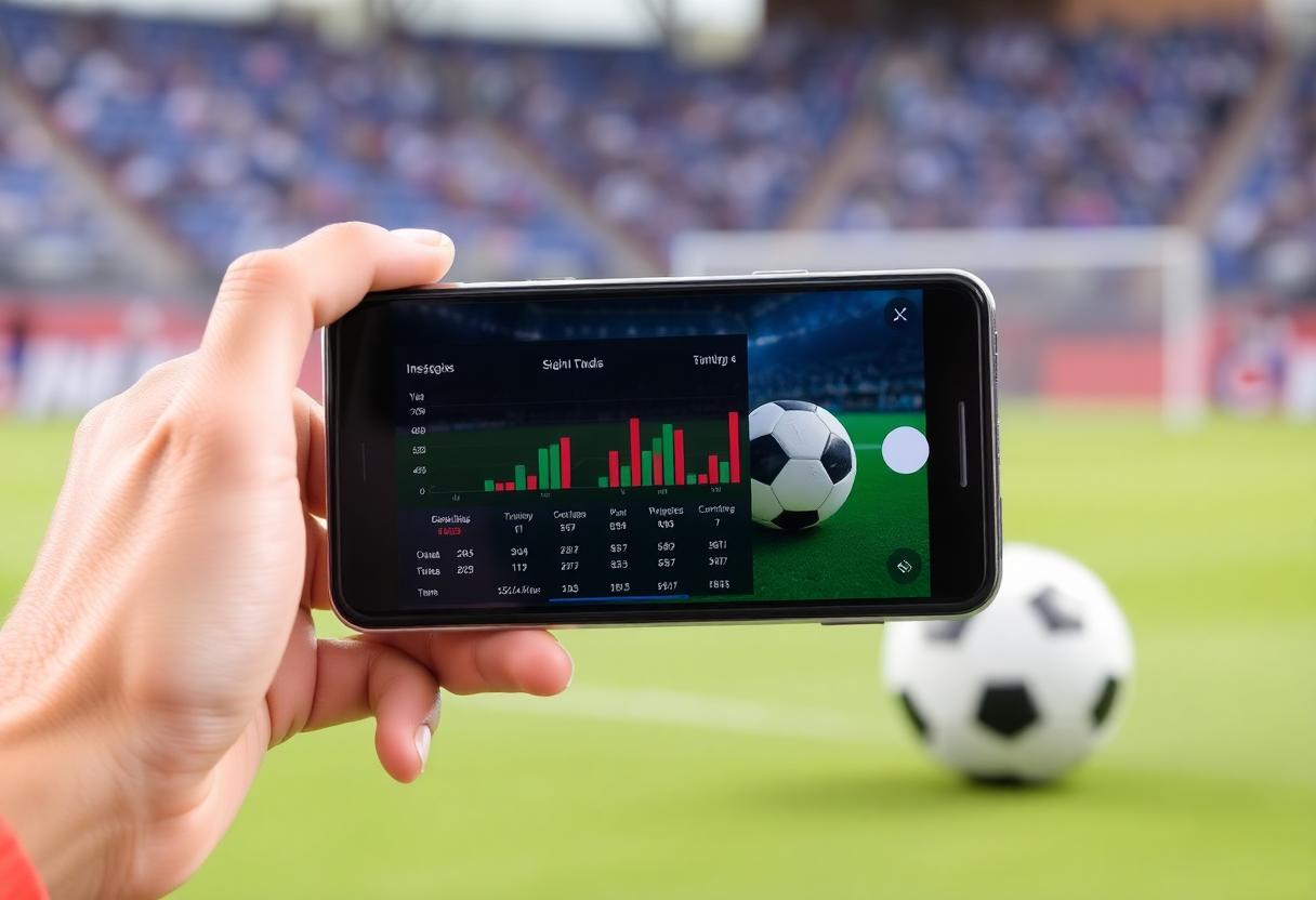 especialista em análise de futebol virtual observando estatísticas em um smartphone com uma bola oficial ao lado