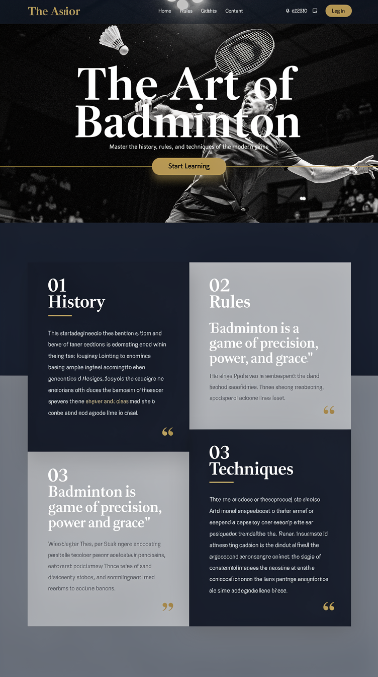 Editorial homepage for "The Art of Badminton", an educational site about the sport of badminton, aimed at learners/enthusiasts. Midnight palette: deep near-black navy (#0f172a), slate blue-grey (#1e293b), and pale cool white (#e2e8f0) as background with a single warm gold/amber accent for highlights and CTAs. Full-bleed hero with dramatic high-contrast black-and-white style photo of a badminton player mid-smash, huge bold serif display headline overlapping the image editorially, thin gold rule, small supporting subhead, one pill CTA button. Magazine-style grid below with asymmetric columns, pull quotes, numbered sections ("01 History", "02 Rules", "03 Techniques"), generous whitespace, refined typographic hierarchy like a sports journal.